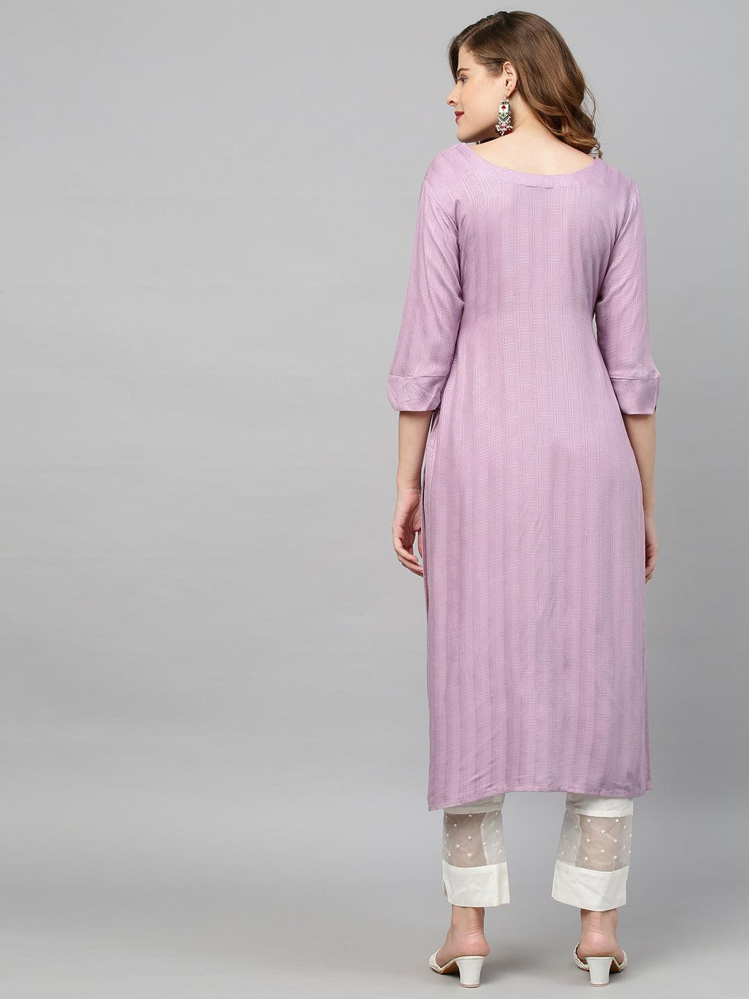 Ethnic Hand Embroidered & Woven Texture Straight Fit Kurta - Lilac - Indiakreations