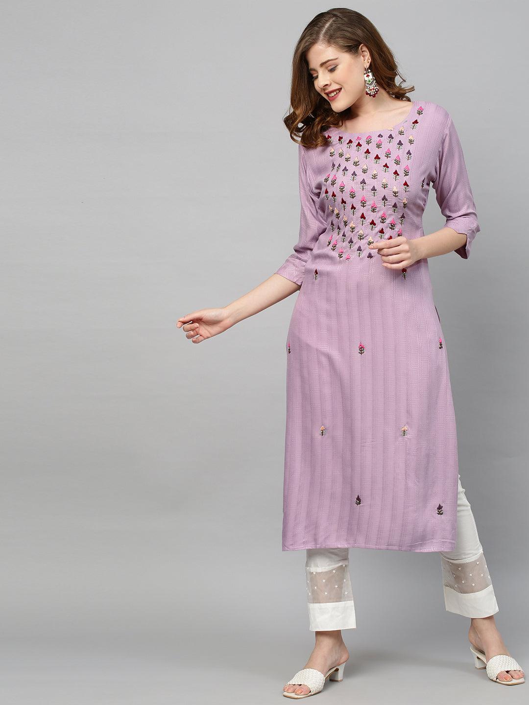 Ethnic Hand Embroidered & Woven Texture Straight Fit Kurta - Lilac - Indiakreations