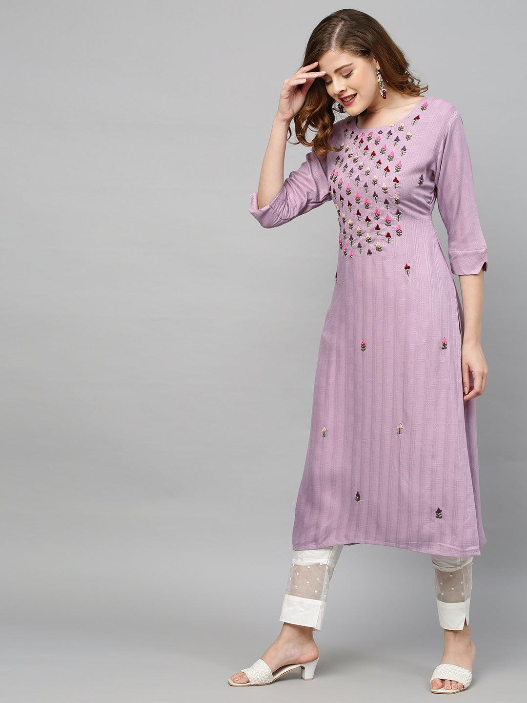 Ethnic Hand Embroidered & Woven Texture Straight Fit Kurta - Lilac - Indiakreations