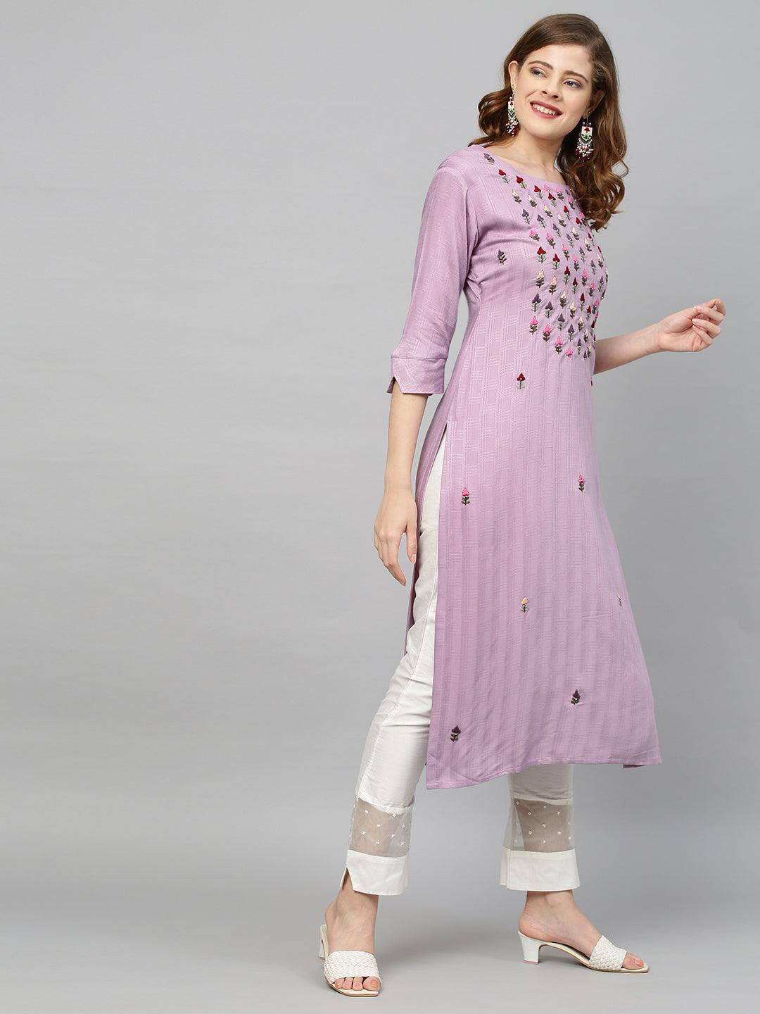 Ethnic Hand Embroidered & Woven Texture Straight Fit Kurta - Lilac - Indiakreations