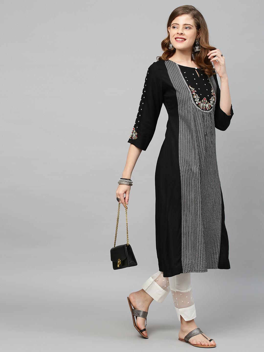 Ethnic Embroidered & Striped A-Line Flared Kurta - Black - Indiakreations