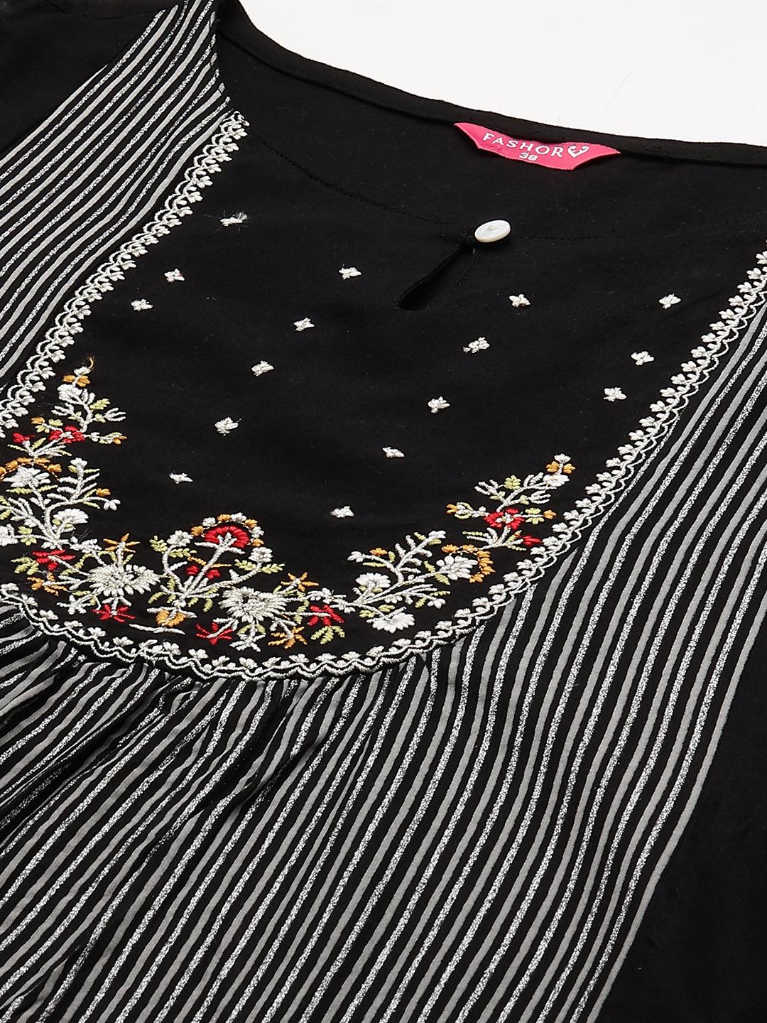 Ethnic Embroidered & Striped A-Line Flared Kurta - Black - Indiakreations