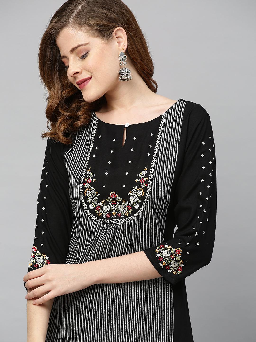 Ethnic Embroidered & Striped A-Line Flared Kurta - Black - Indiakreations