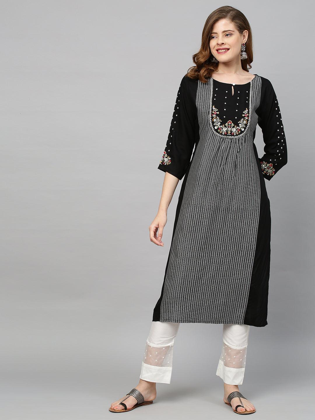 Ethnic Embroidered & Striped A-Line Flared Kurta - Black - Indiakreations