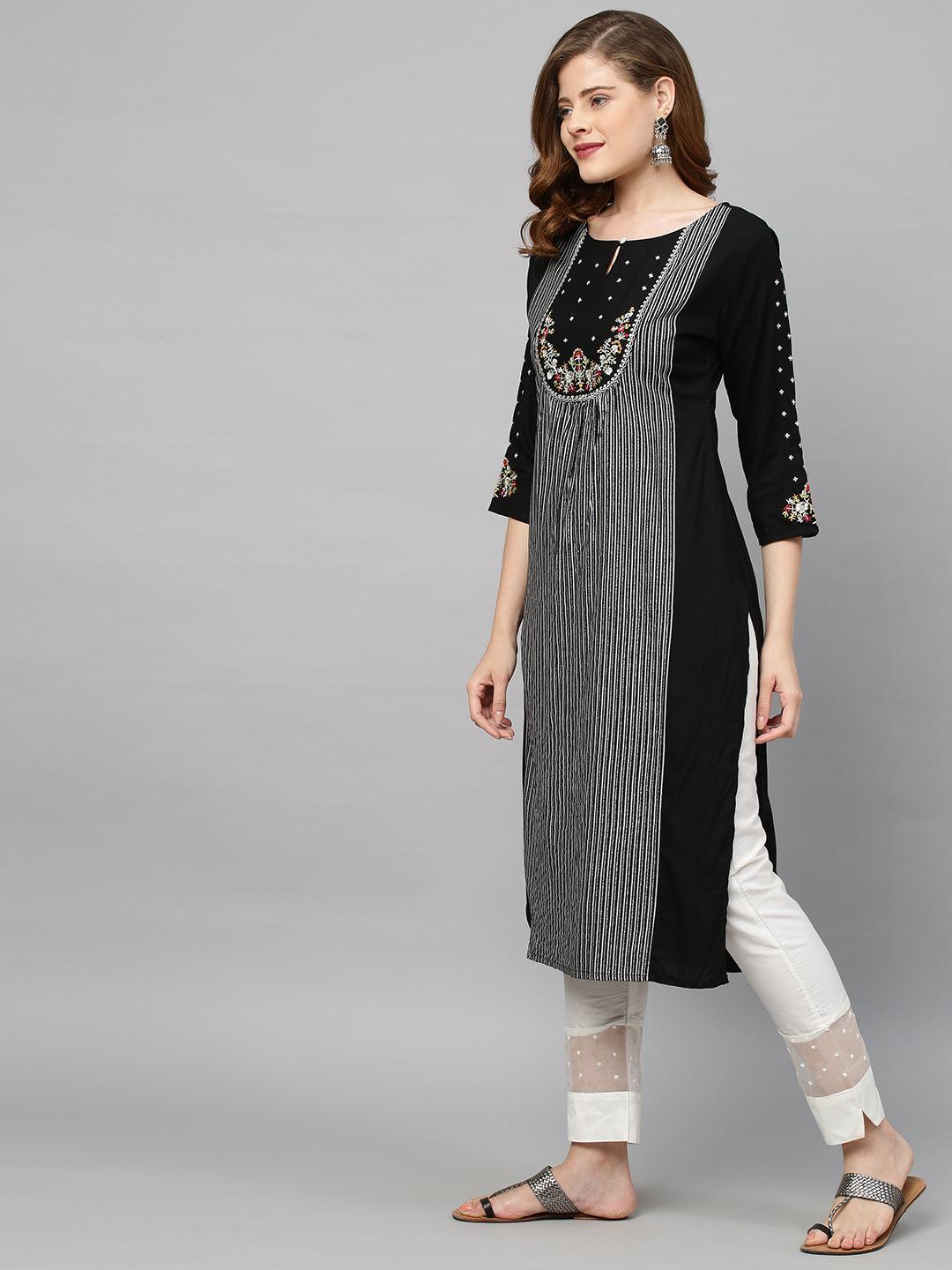 Ethnic Embroidered & Striped A-Line Flared Kurta - Black - Indiakreations