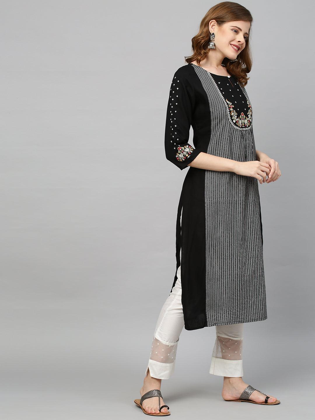 Ethnic Embroidered & Striped A-Line Flared Kurta - Black - Indiakreations