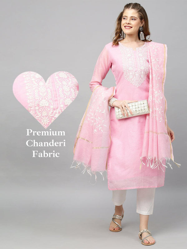 Ethnic Embroidered Straight Kurta with Dupatta - Pink - Indiakreations