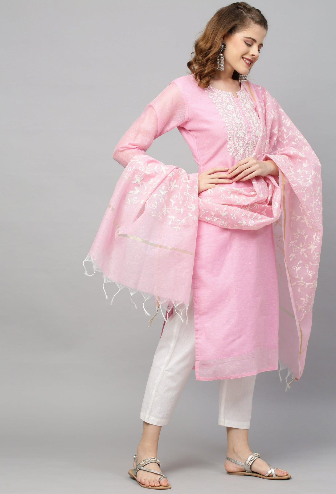 Ethnic Embroidered Straight Kurta with Dupatta - Pink - Indiakreations