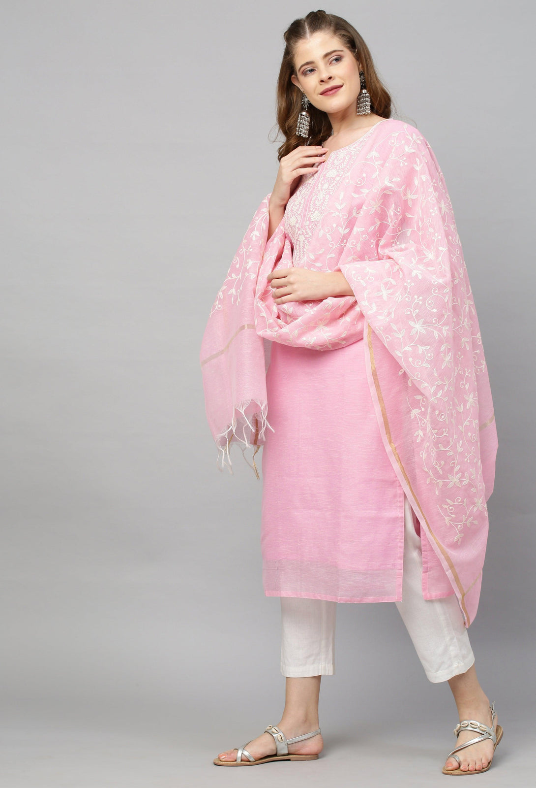 Ethnic Embroidered Straight Kurta with Dupatta - Pink - Indiakreations