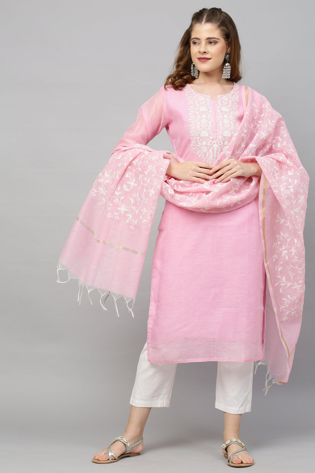 Ethnic Embroidered Straight Kurta with Dupatta - Pink - Indiakreations