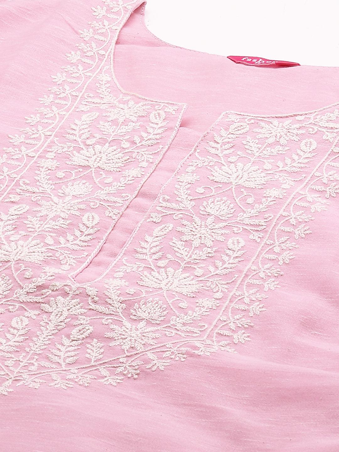 Ethnic Embroidered Straight Kurta with Dupatta - Pink - Indiakreations