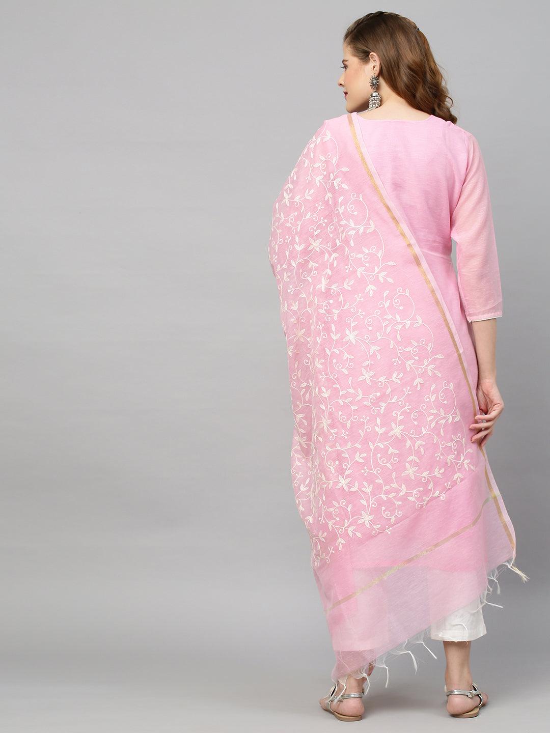 Ethnic Embroidered Straight Kurta with Dupatta - Pink - Indiakreations