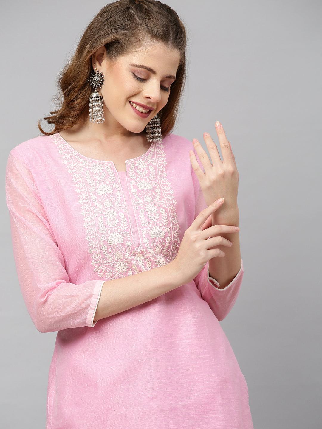 Ethnic Embroidered Straight Kurta with Dupatta - Pink - Indiakreations