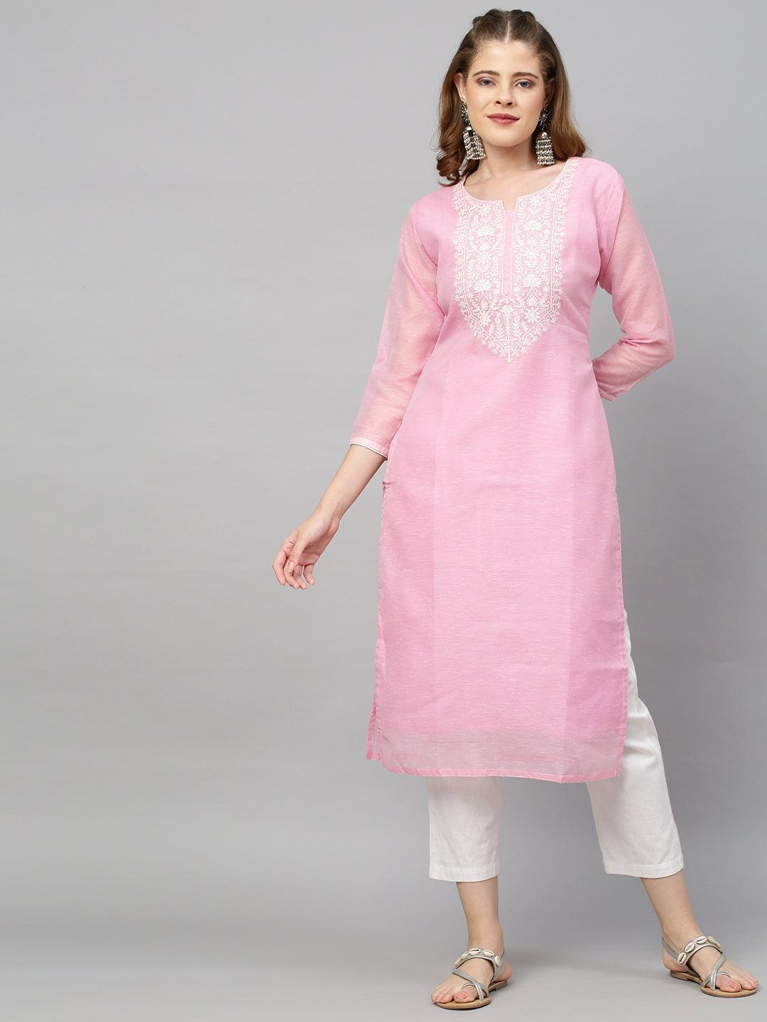 Ethnic Embroidered Straight Kurta with Dupatta - Pink - Indiakreations