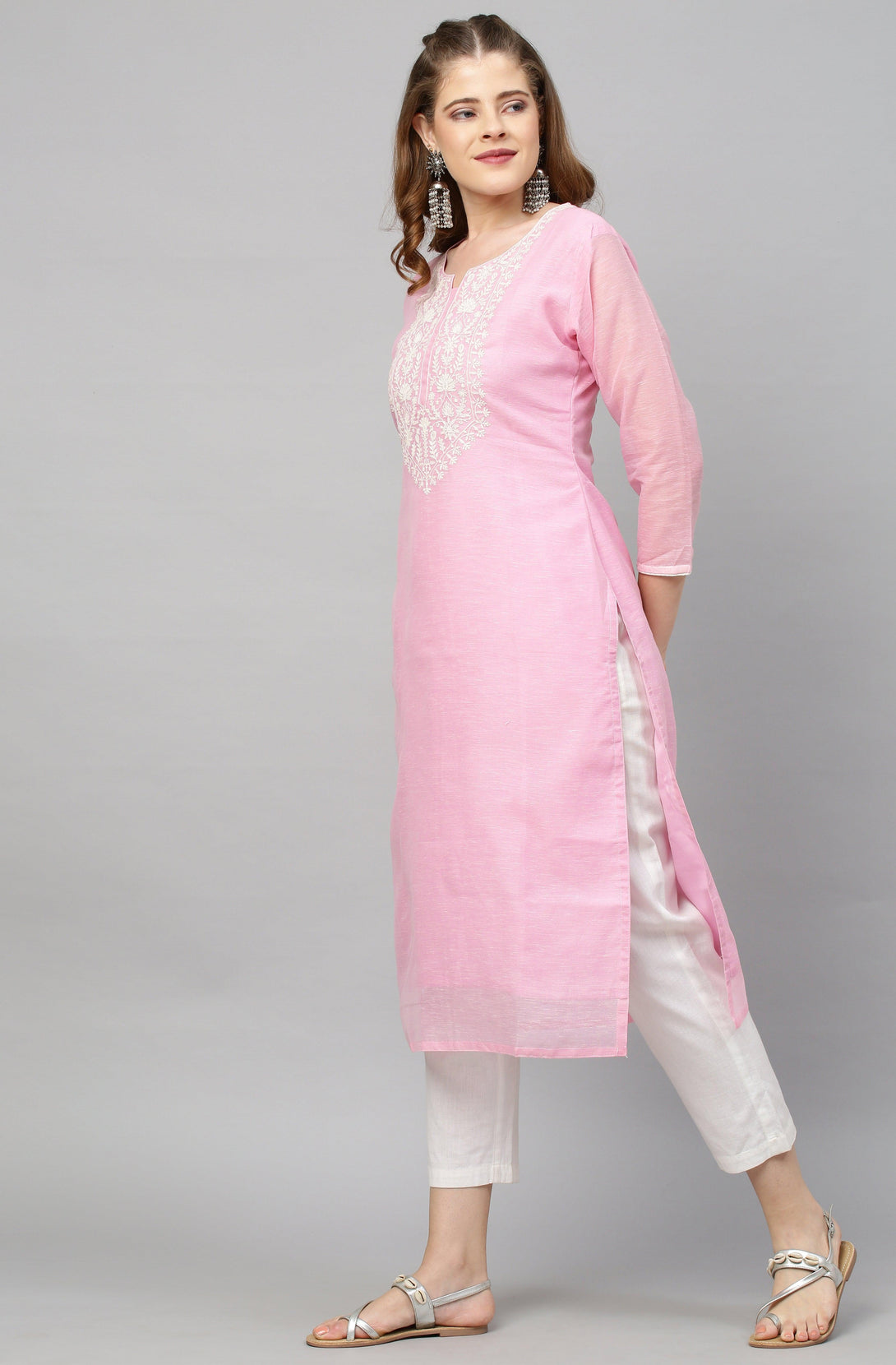 Ethnic Embroidered Straight Kurta with Dupatta - Pink - Indiakreations