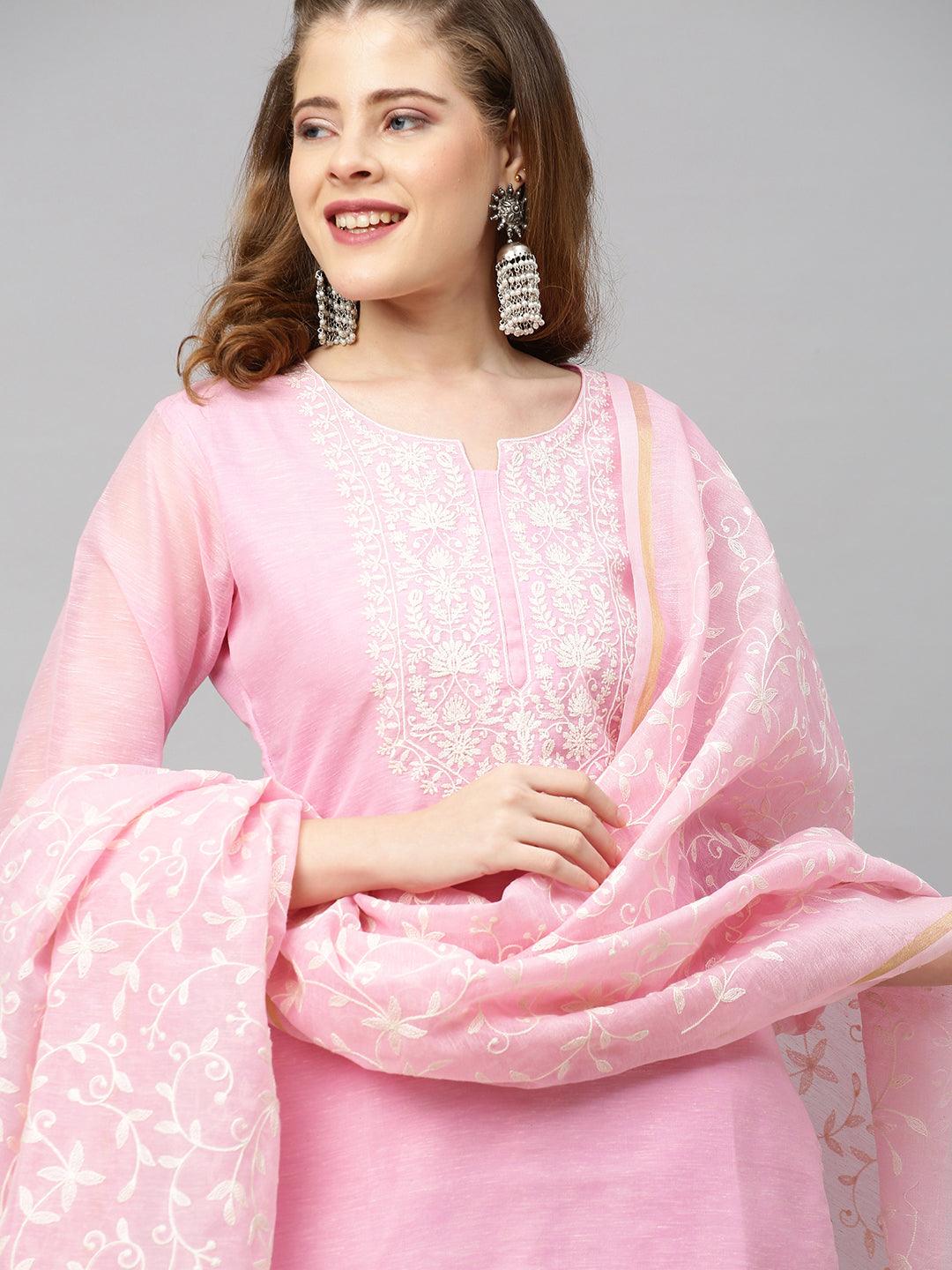 Ethnic Embroidered Straight Kurta with Dupatta - Pink - Indiakreations