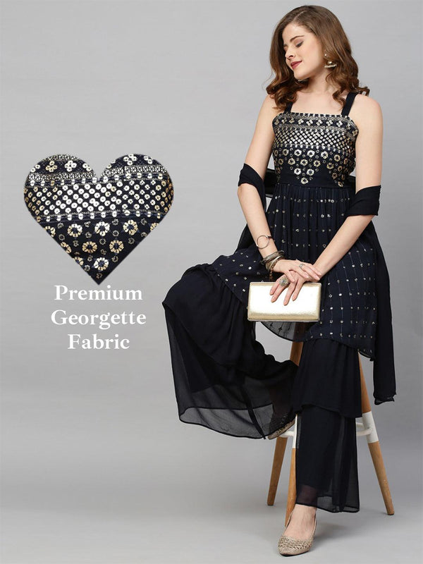 Sequin Embroidered Peplum with Sharara and Dupatta - Deep Navy Blue - Indiakreations