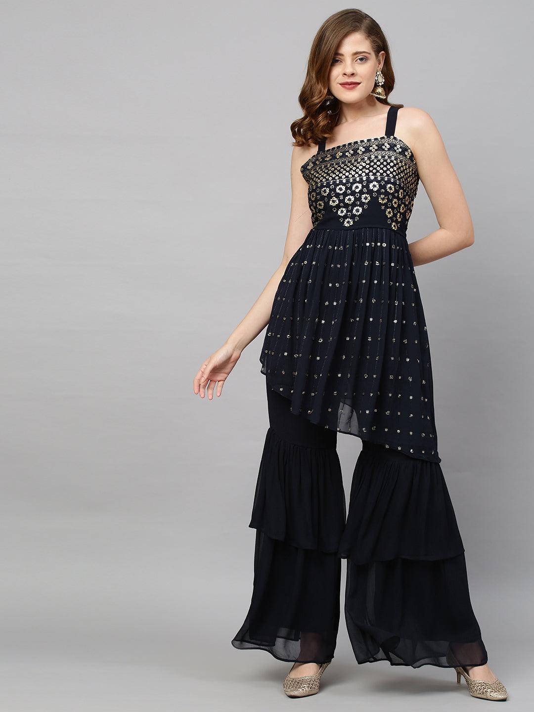 Sequin Embroidered Peplum with Sharara and Dupatta - Deep Navy Blue - Indiakreations