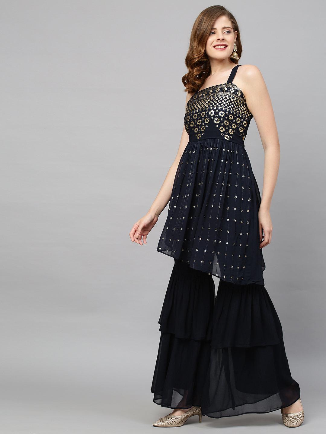 Sequin Embroidered Peplum with Sharara and Dupatta - Deep Navy Blue - Indiakreations