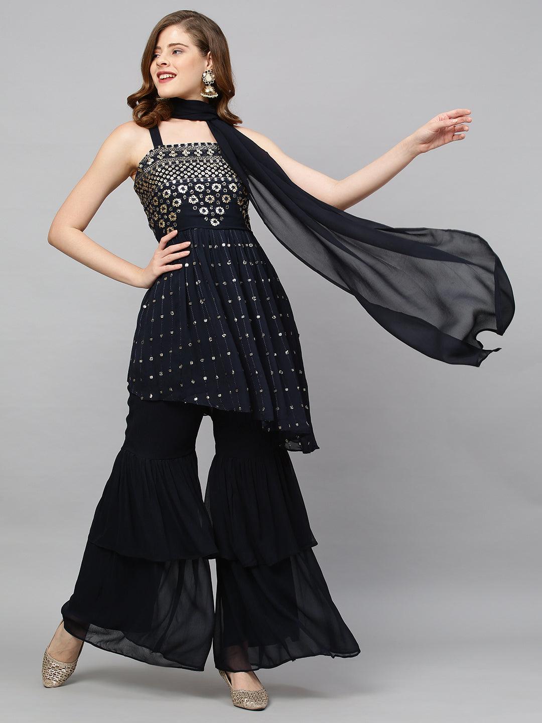 Sequin Embroidered Peplum with Sharara and Dupatta - Deep Navy Blue - Indiakreations