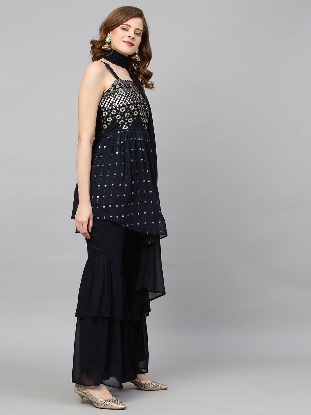 Sequin Embroidered Peplum with Sharara and Dupatta - Deep Navy Blue - Indiakreations