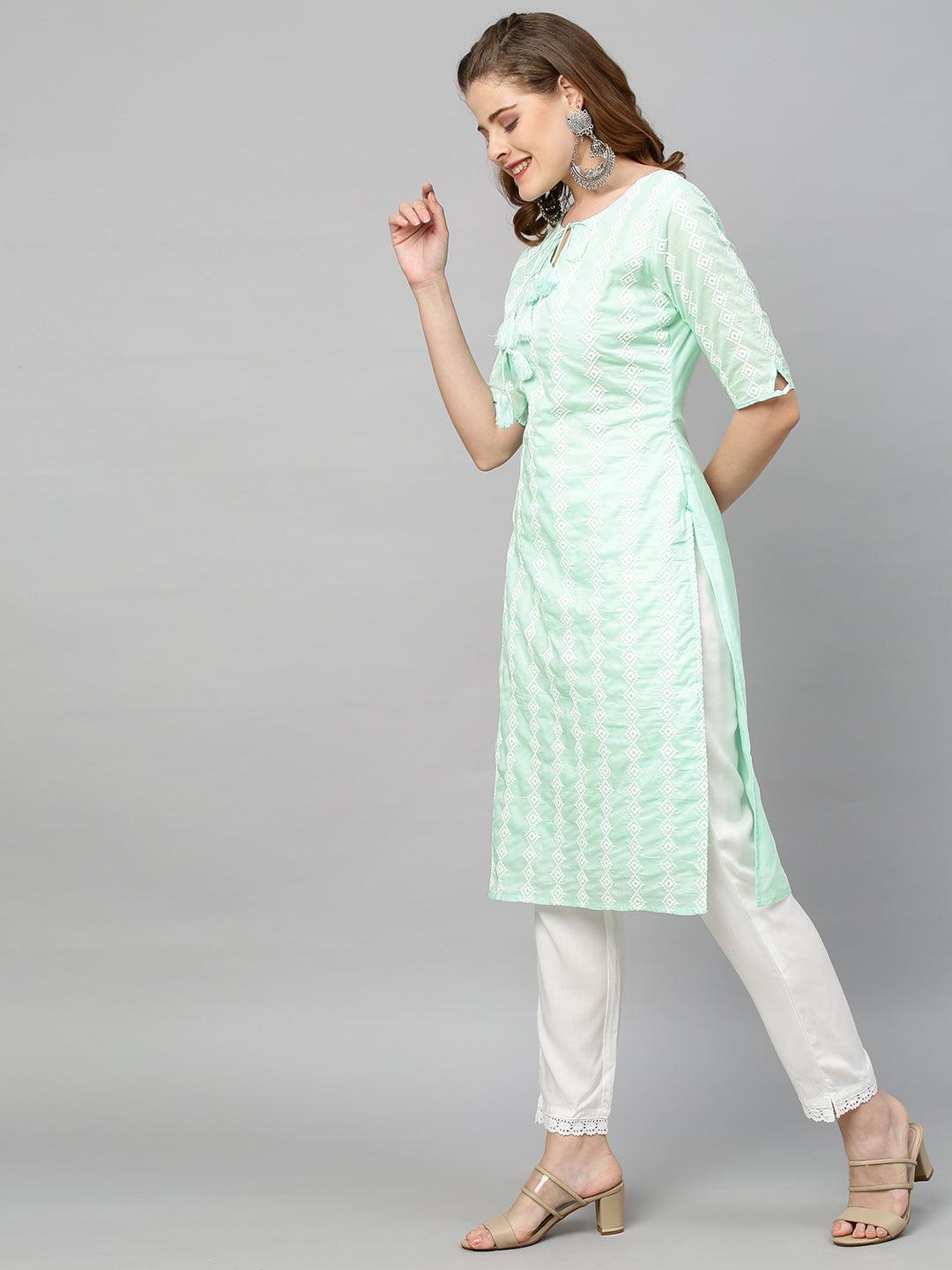 Ethnic Chikankari Embroidered Straight Fit Kurta - Pastel Green - Indiakreations