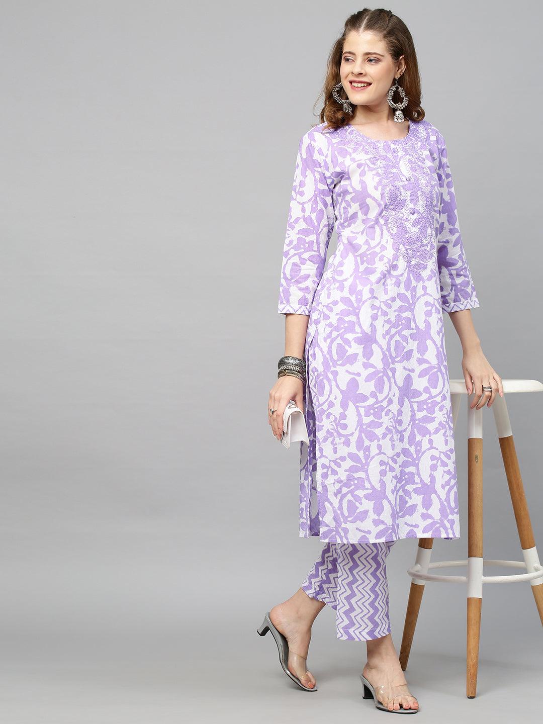 Ethnic Printed & Embroidered Straight Fit Kurta with Pants - Purple - Indiakreations