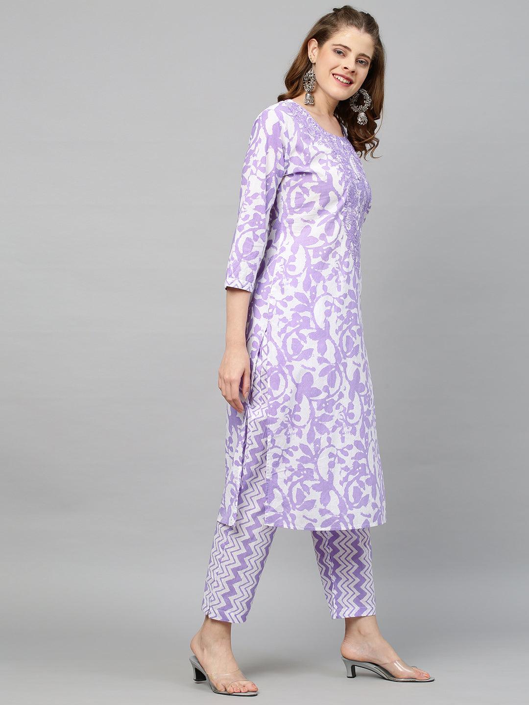 Ethnic Printed & Embroidered Straight Fit Kurta with Pants - Purple - Indiakreations