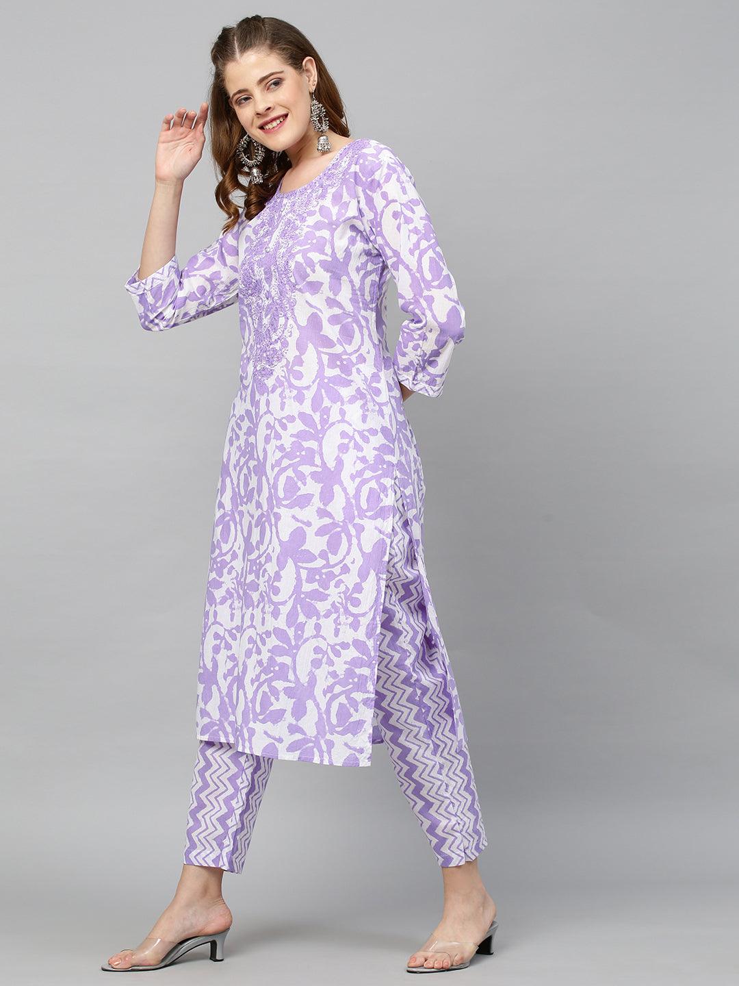 Ethnic Printed & Embroidered Straight Fit Kurta with Pants - Purple - Indiakreations