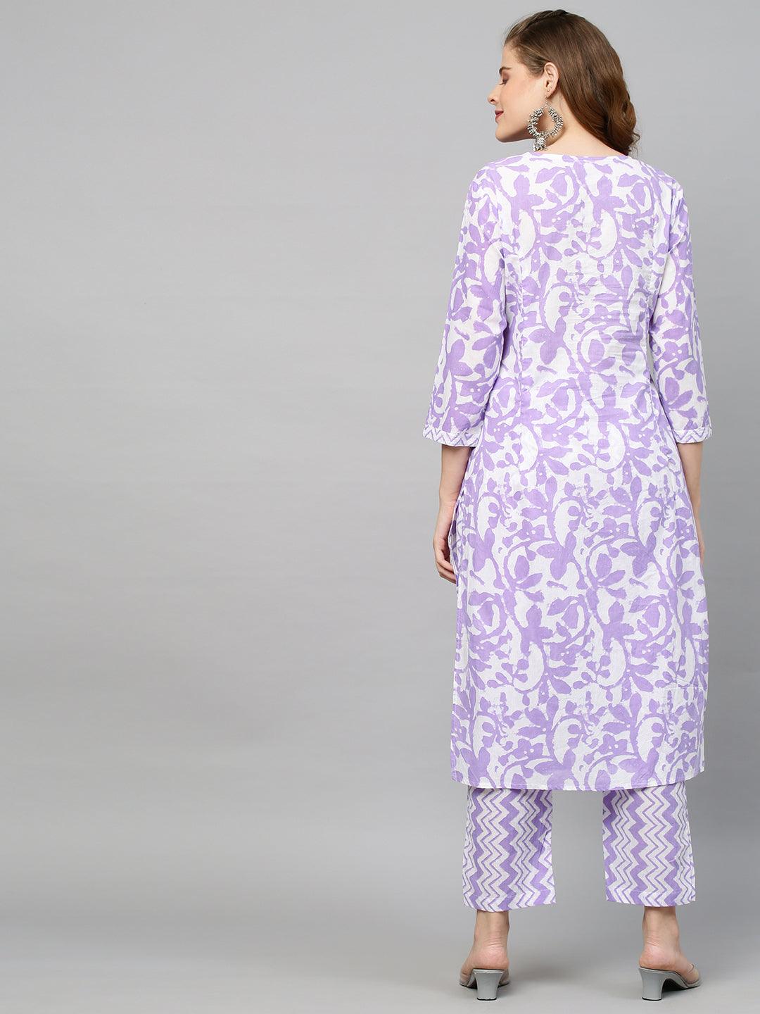 Ethnic Printed & Embroidered Straight Fit Kurta with Pants - Purple - Indiakreations