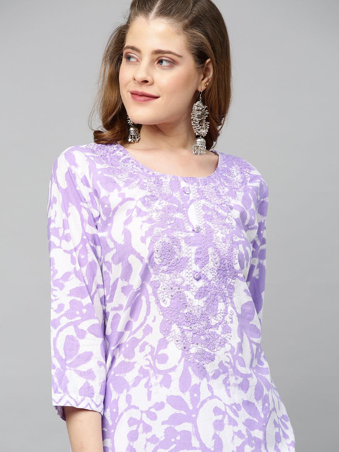 Ethnic Printed & Embroidered Straight Fit Kurta with Pants - Purple - Indiakreations