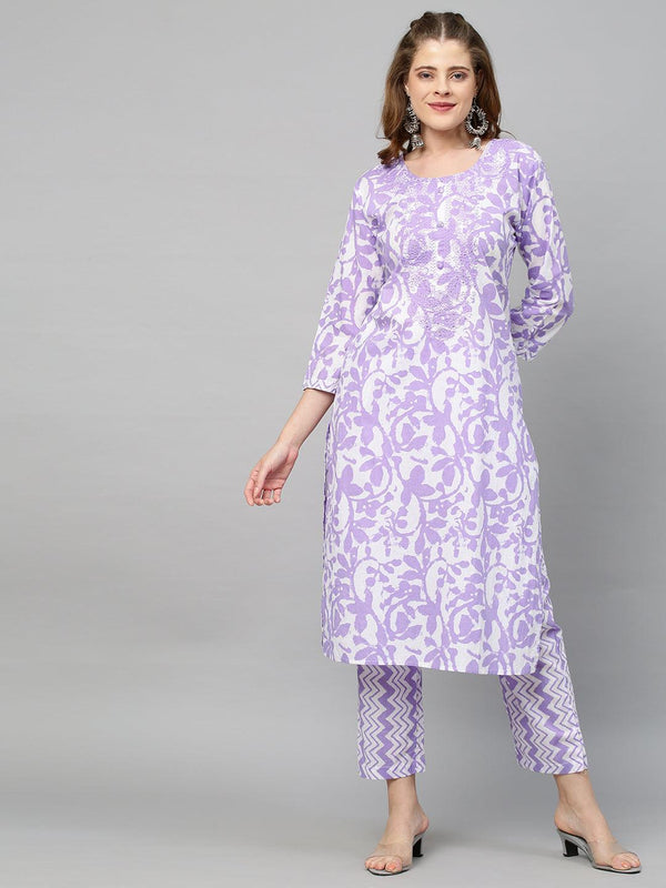 Ethnic Printed & Embroidered Straight Fit Kurta with Pants - Purple - Indiakreations