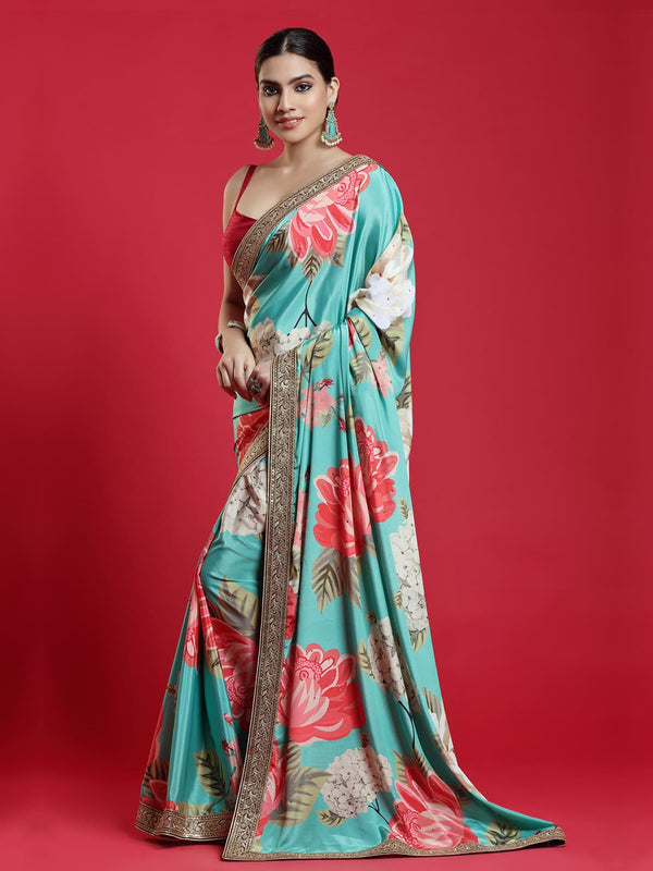 Alluring Pista Crepe Saree with Multi-Color Floral Prints all over