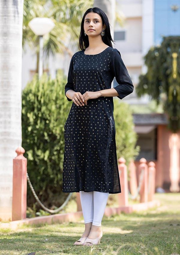 Black Solid Sequins Embellished Cotton Casual Kurta - Indiakreations