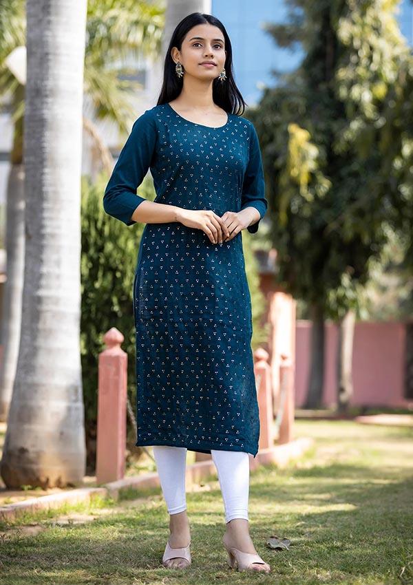 Navy Blue Solid Sequins Embellished Cotton Casual Kurta - Indiakreations