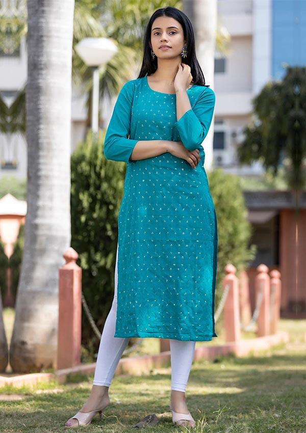 Teal Green Solid Sequins Embellished Cotton Casual Kurta - Indiakreations