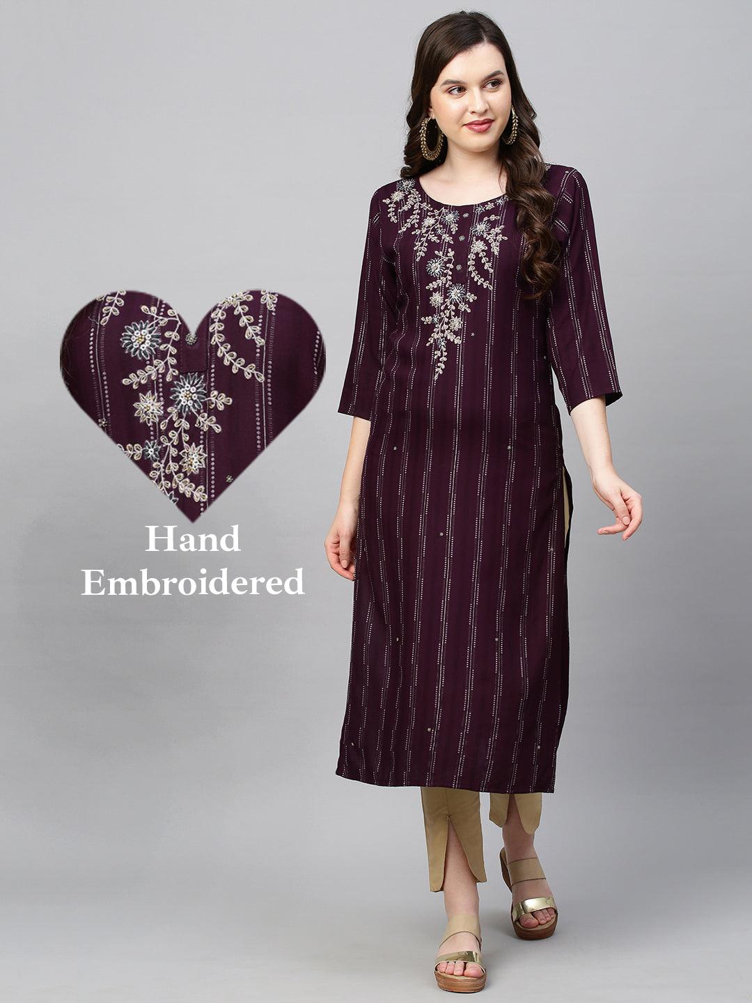 Floral Hand Embroidered & Lurex Striped Straight Fit Kurta - Deep Wine - Indiakreations