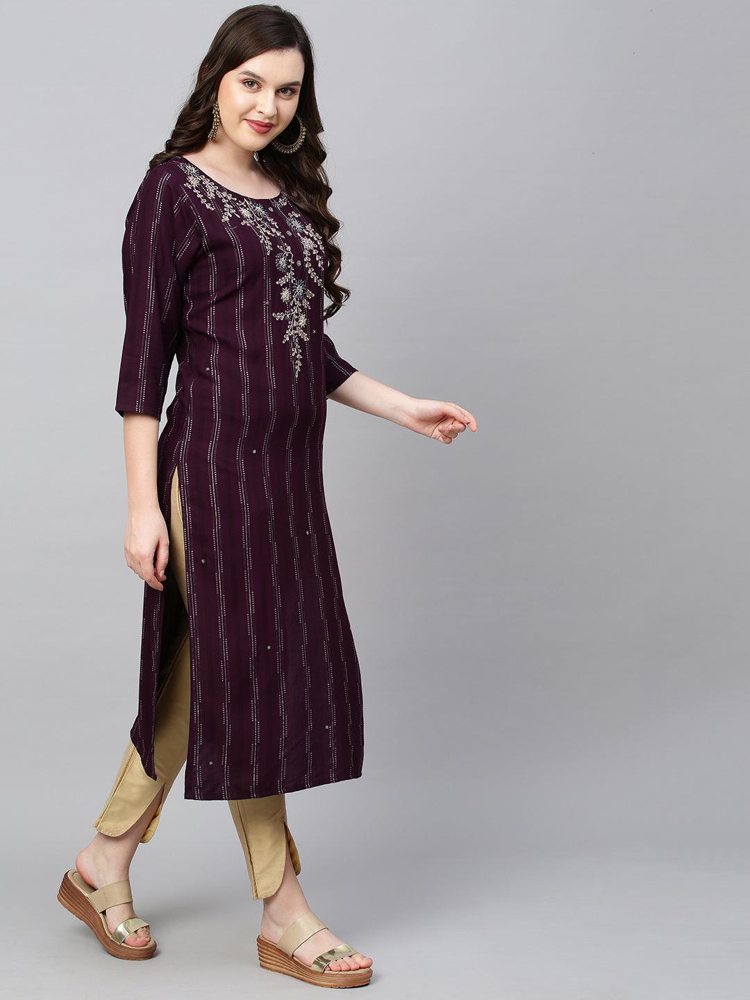 Floral Hand Embroidered & Lurex Striped Straight Fit Kurta - Deep Wine - Indiakreations