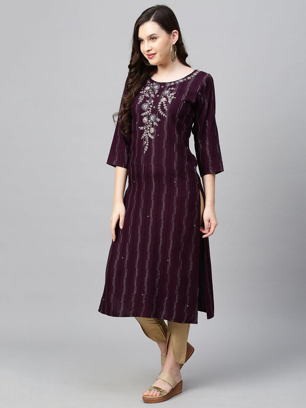 Floral Hand Embroidered & Lurex Striped Straight Fit Kurta - Deep Wine - Indiakreations