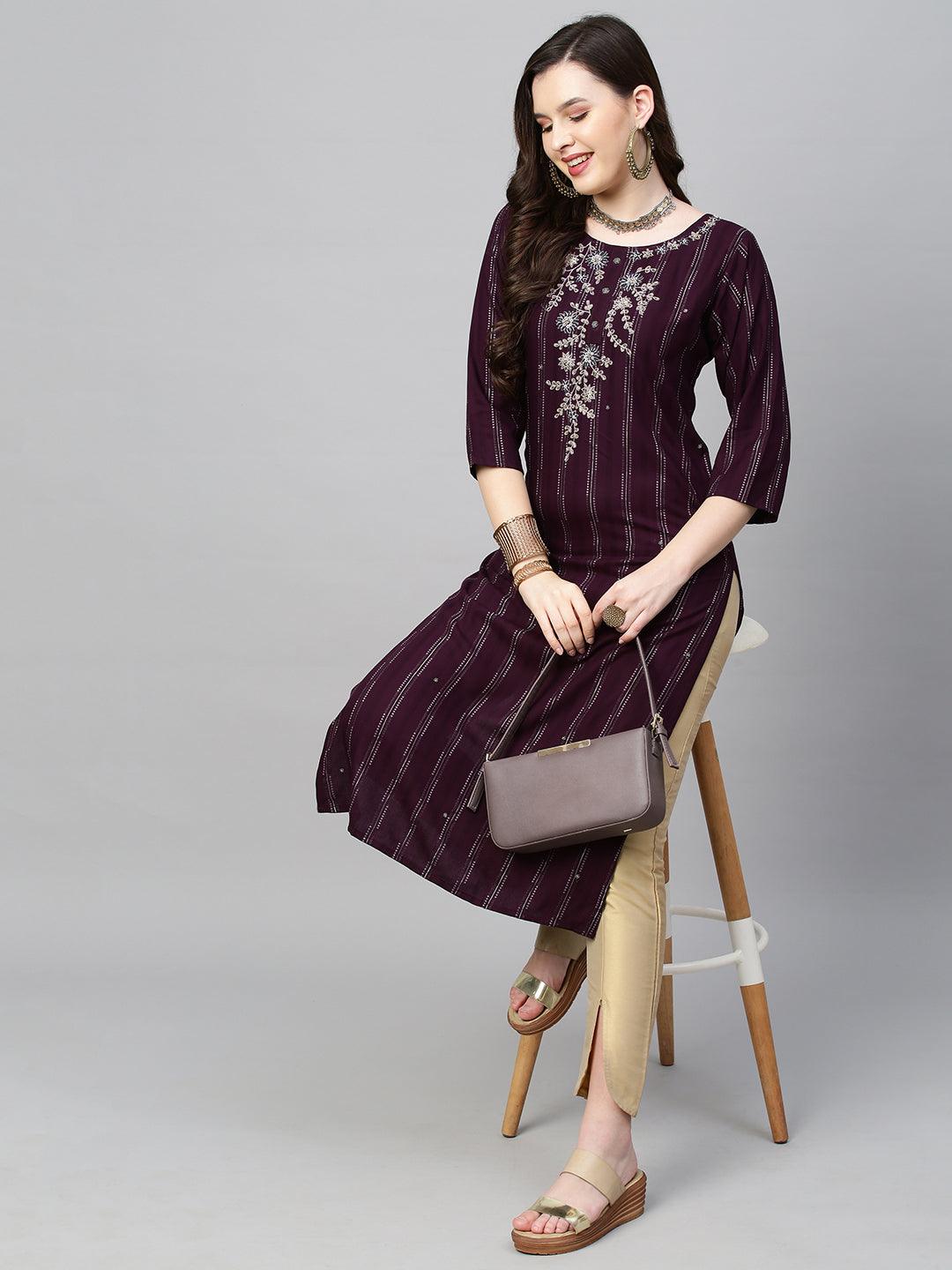 Floral Hand Embroidered & Lurex Striped Straight Fit Kurta - Deep Wine - Indiakreations