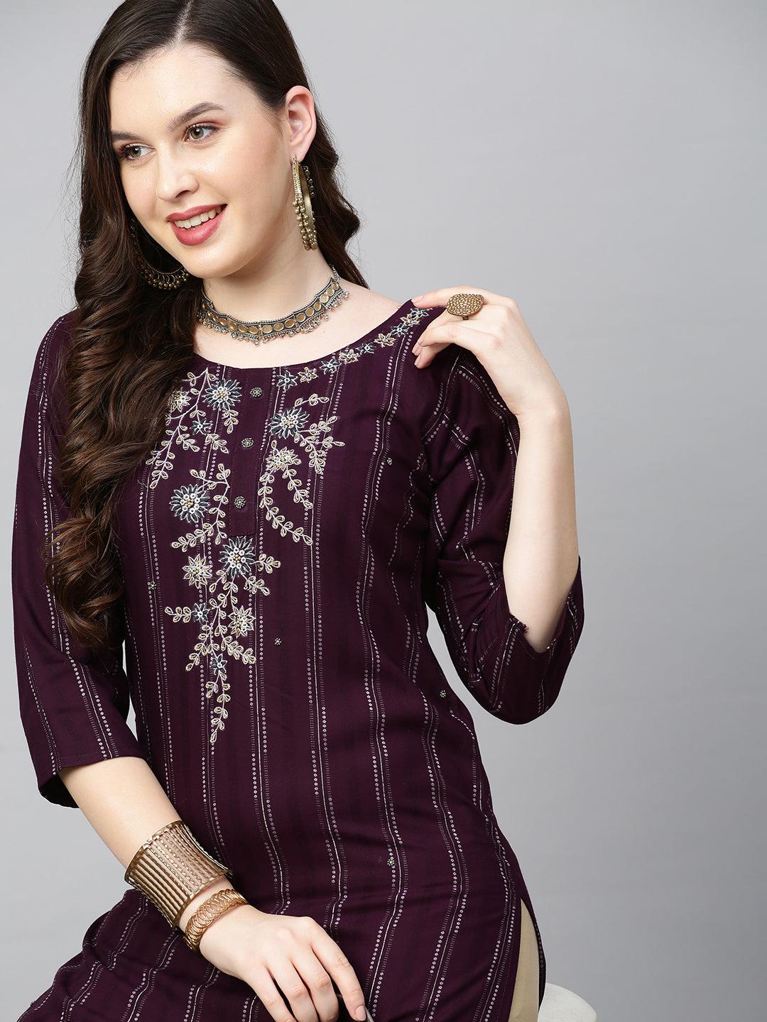 Floral Hand Embroidered & Lurex Striped Straight Fit Kurta - Deep Wine - Indiakreations