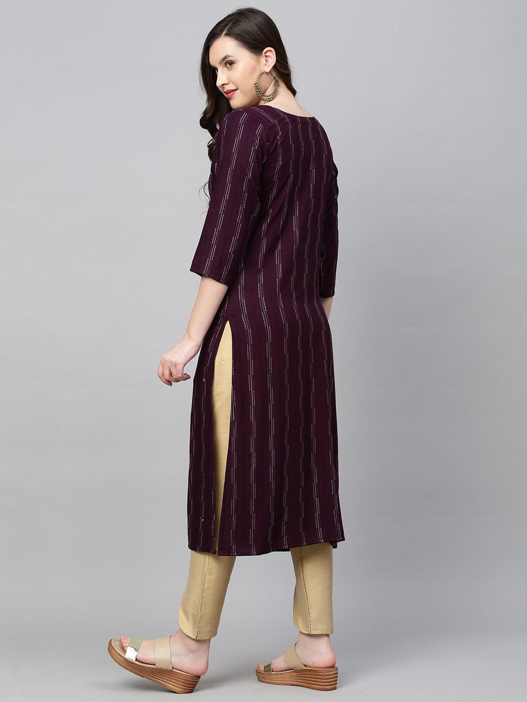 Floral Hand Embroidered & Lurex Striped Straight Fit Kurta - Deep Wine - Indiakreations