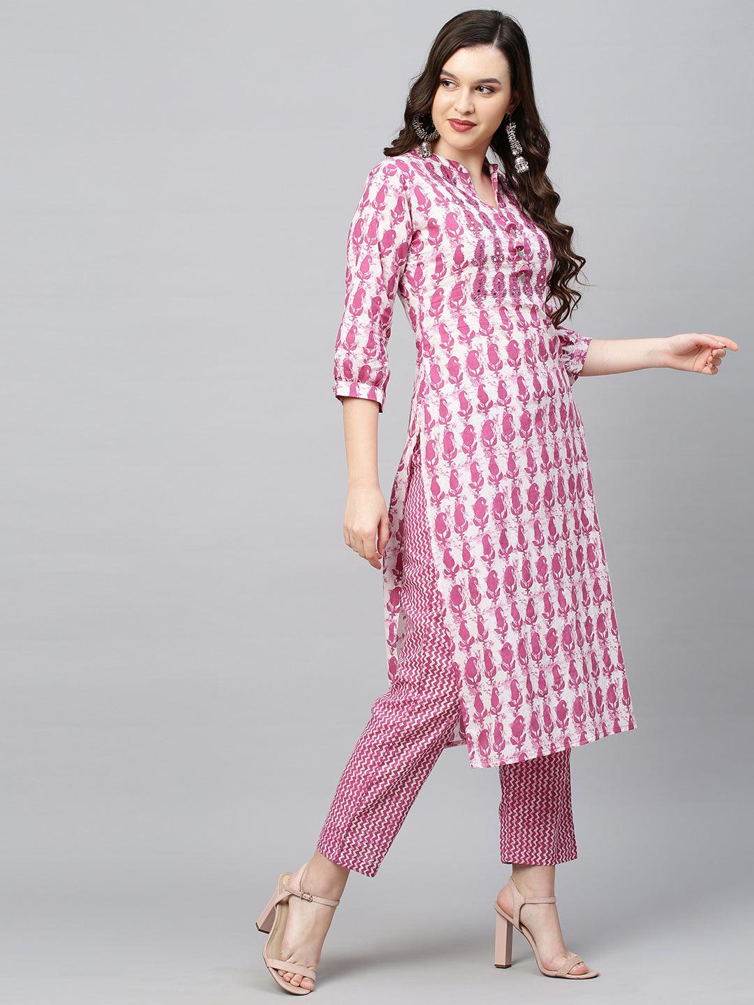 Ethnic Printed & Embroidered Straight Fit Kurta with Pants - Purple - Indiakreations