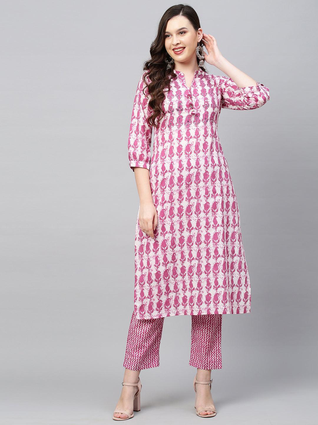 Ethnic Printed & Embroidered Straight Fit Kurta with Pants - Purple - Indiakreations