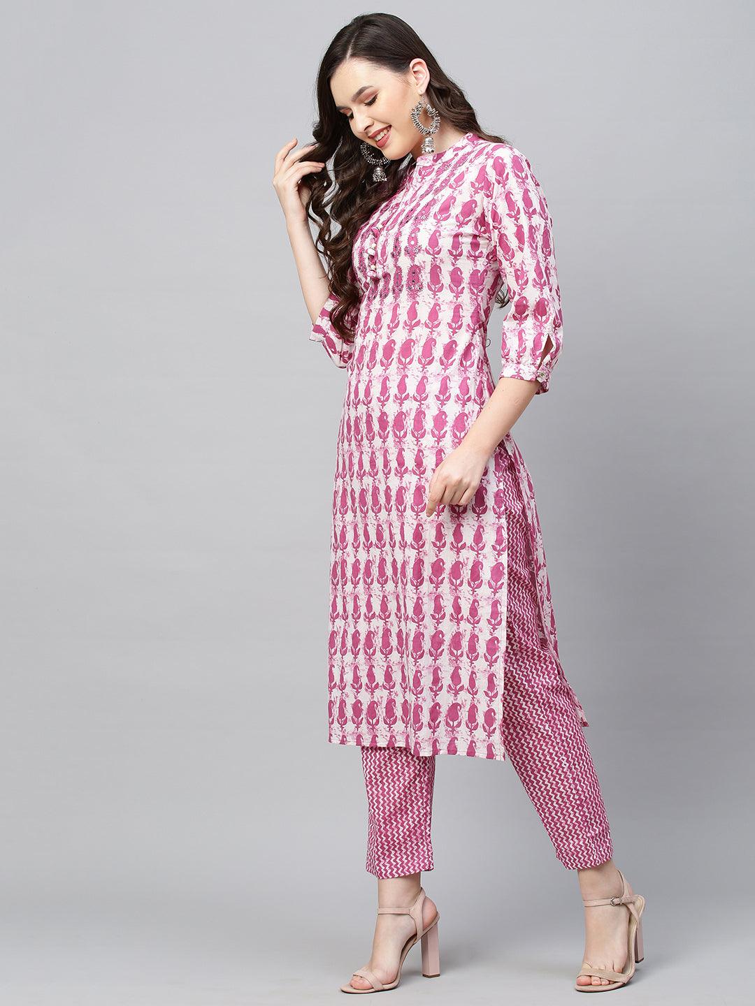 Ethnic Printed & Embroidered Straight Fit Kurta with Pants - Purple - Indiakreations