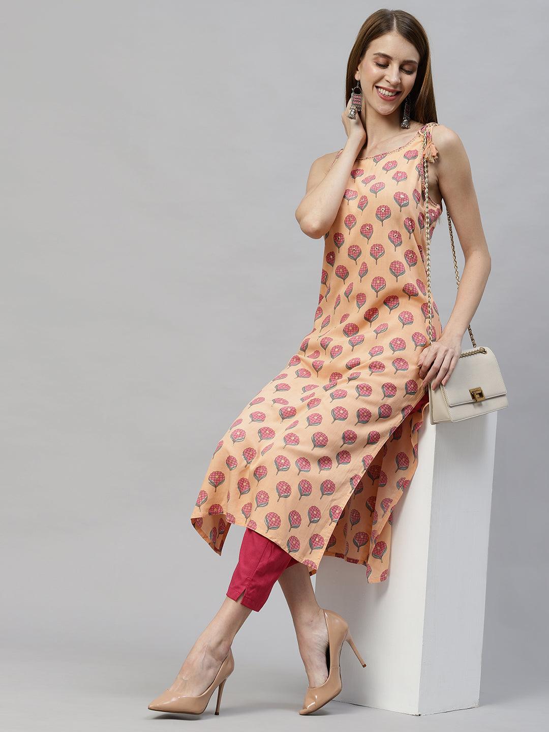 Ethnic Printed & Embroidered Straight Fit Kurta - Peach - Indiakreations