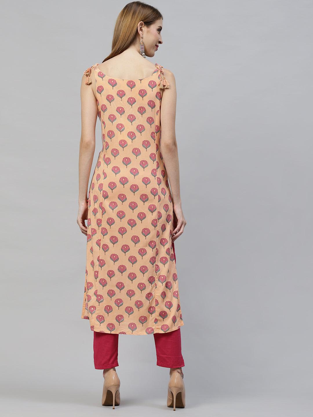 Ethnic Printed & Embroidered Straight Fit Kurta - Peach - Indiakreations