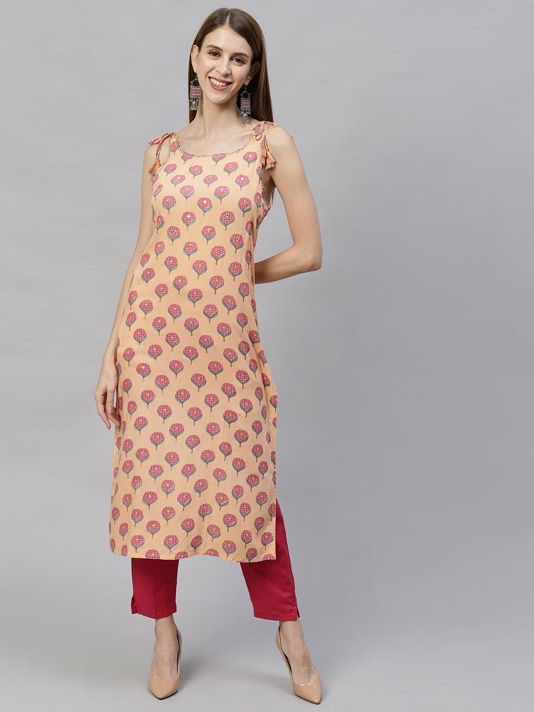 Ethnic Printed & Embroidered Straight Fit Kurta - Peach - Indiakreations