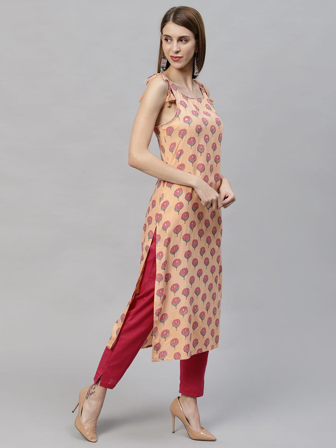 Ethnic Printed & Embroidered Straight Fit Kurta - Peach - Indiakreations