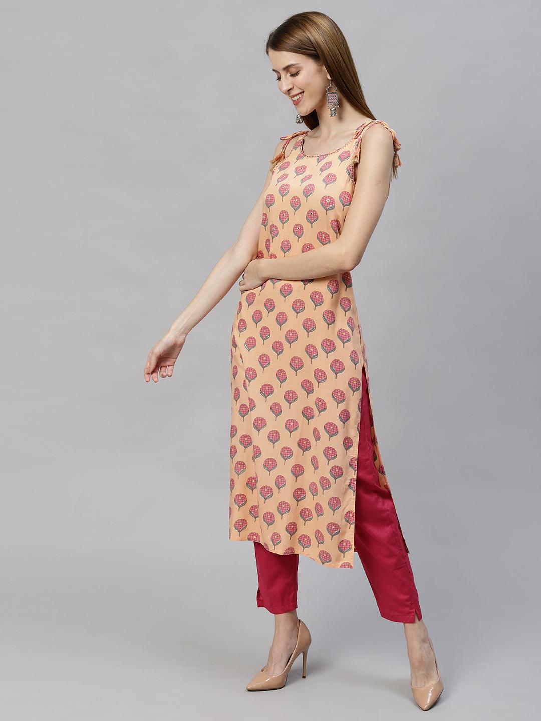 Ethnic Printed & Embroidered Straight Fit Kurta - Peach - Indiakreations